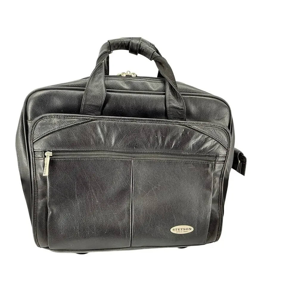 Stetson Black Rolling Leather Laptop Briefcase Carry On Travel Bag Style 85032